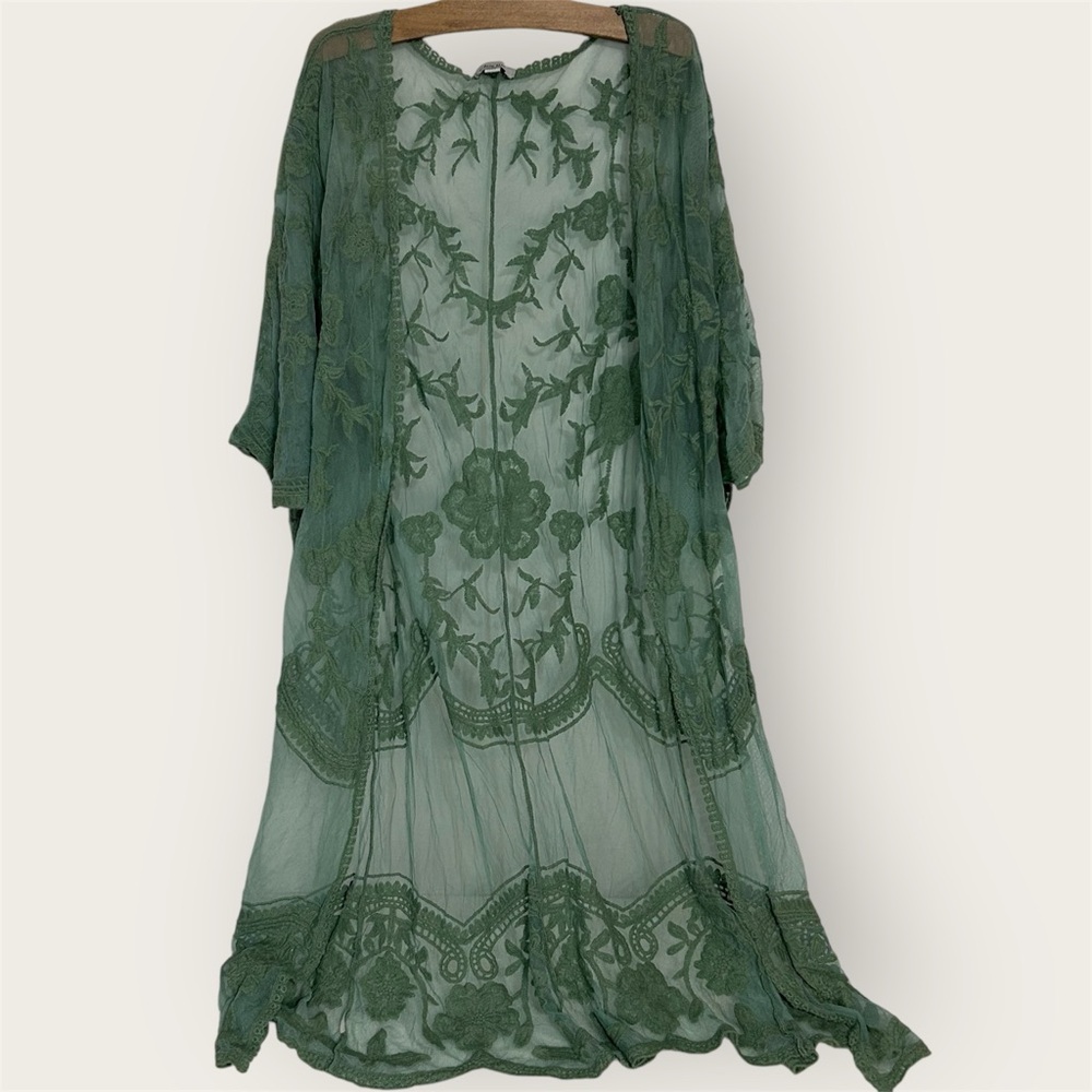 White Birch Sage Green Floral Embroidered Lace Kimono Cardigan - Size M - Picture 1 of 14